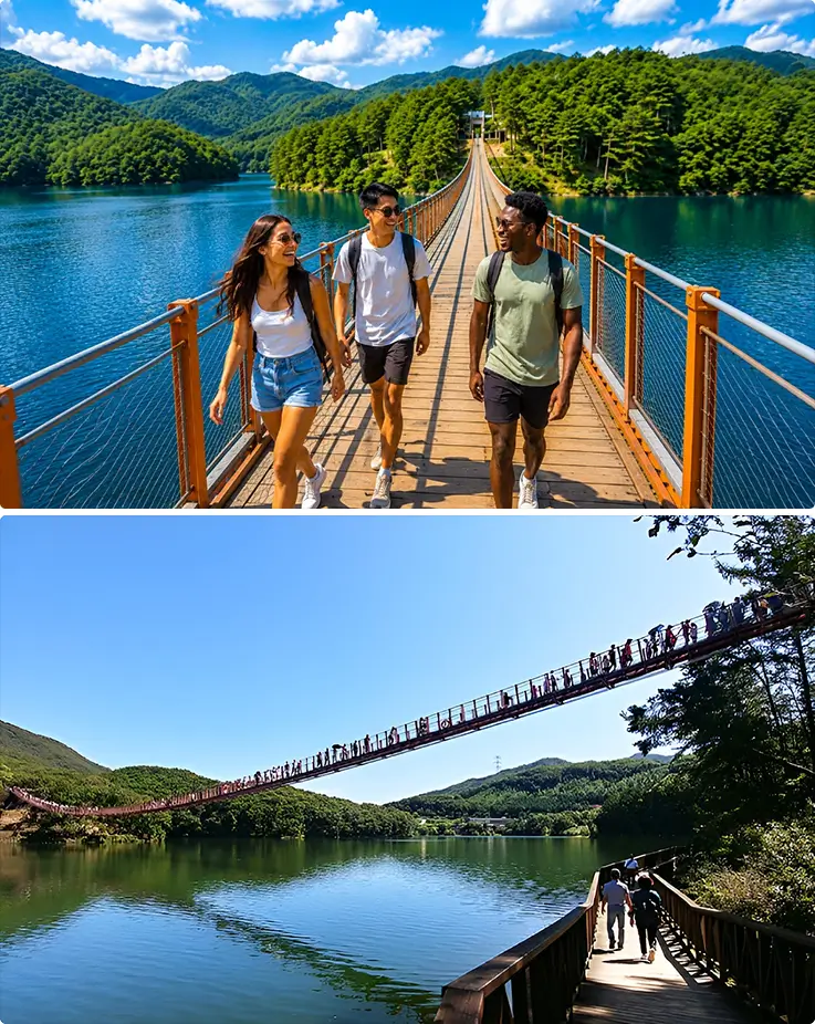 Majang Lake suspension bridge stretching across calm blue waters surrounded by forested mountains.